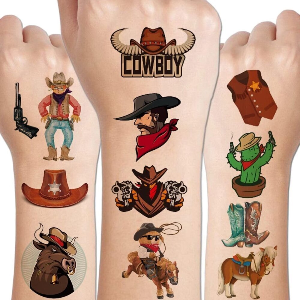 CHARLENT Cowboy Temporary Tattoos for Kids, 100 PCS Western Tattoos for Parties